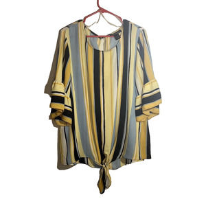 Ashley Stewart Sheer Multi-Color Striped Blouse Size 14/16W Yellow Blue White